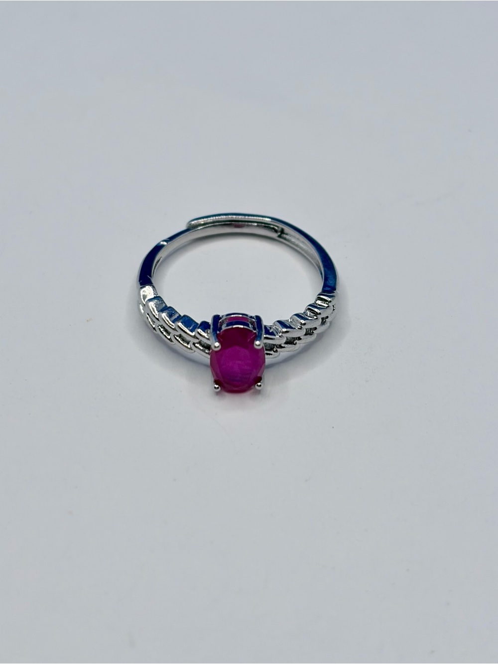 Adjustable Silver Tone Pink Oval Gemstone Ring | Braided Band | Statement Ring - Picture 3 of 6